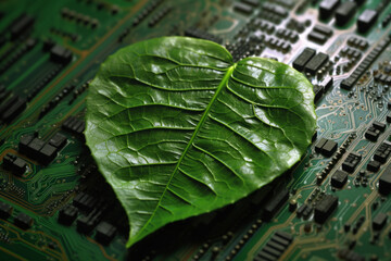 a green leaf sits on an electrical device board, neo-geo, junglecore, innovating techniques, industrial