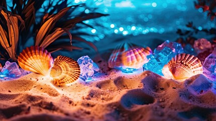 Obraz na płótnie Canvas a group of shells and rocks in sand. Generative AI Art.