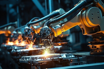 Innovation in Motion Futuristic Factory with Robotic Arms and Industrial Welding Robots. created with Generative AI