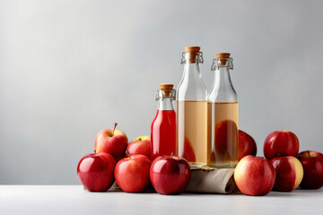 apple cider bottle with apples on the table on white background