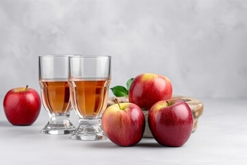 apple cider bottle with apples on the table on white background