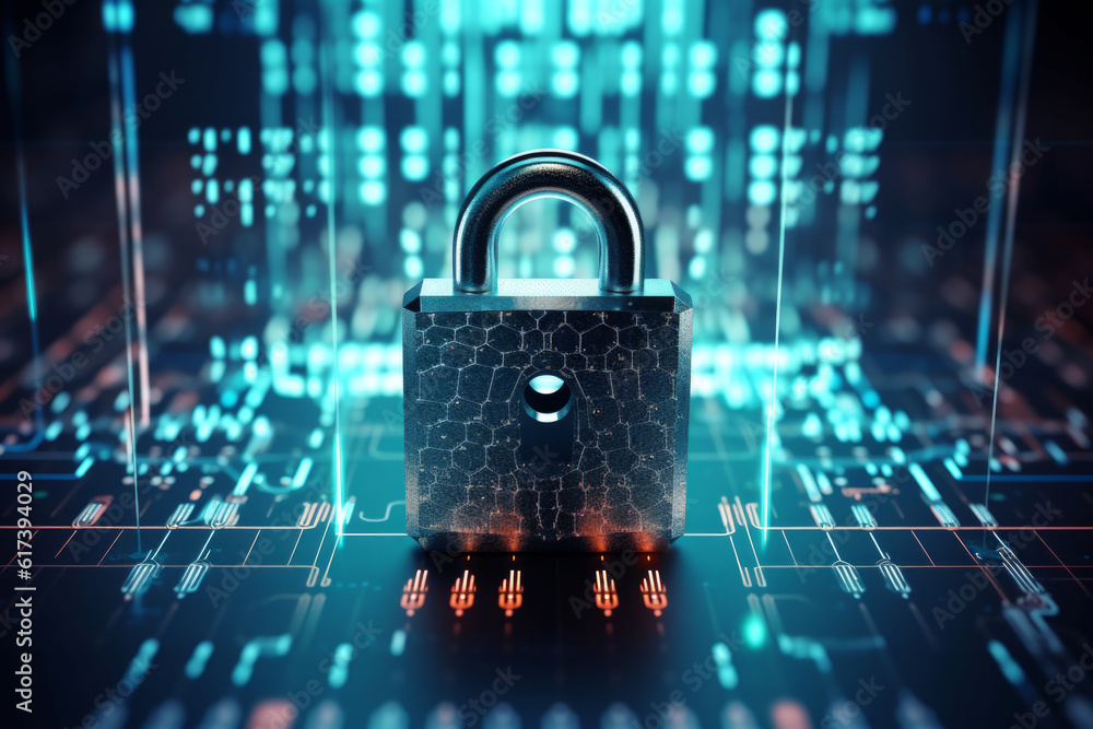 Poster cyber security or data protection what you need to know, large padlock in an electronic network and 