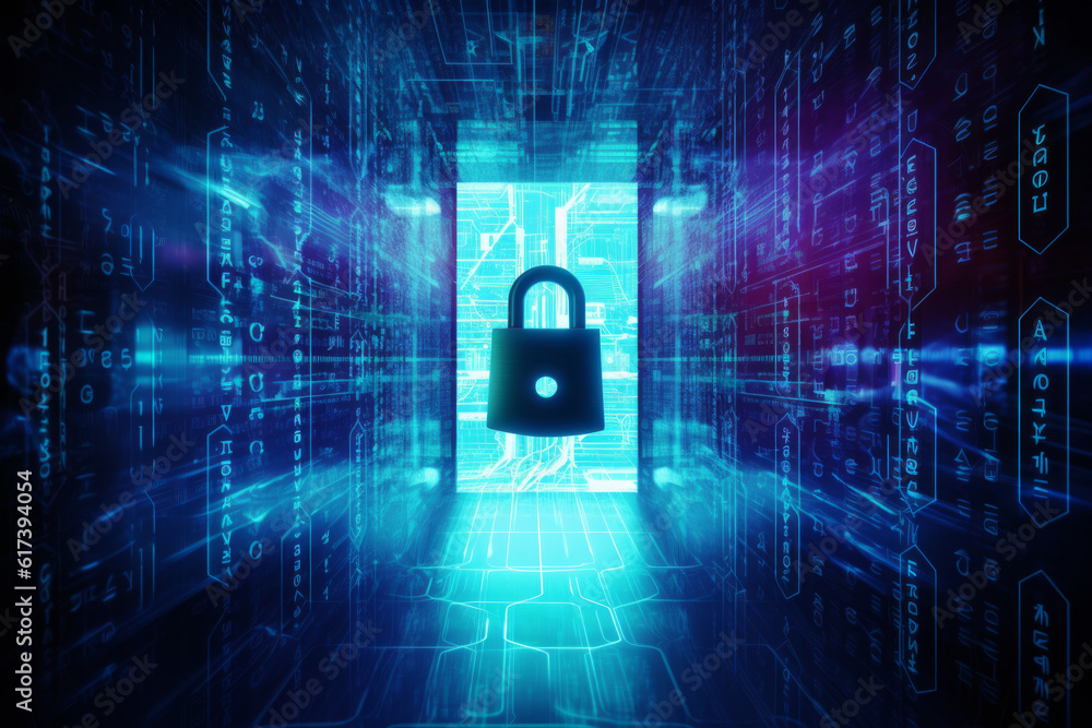 Poster cyber security or data protection what you need to know, large padlock in an electronic network and 