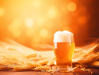 Beer glass with wheat on wooden table background - ai generative