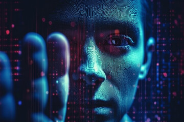 cybertechnology is a major challenge in the future of society, in the style of enigmatic portraits, cryptopunk, human face on background of digital symbols