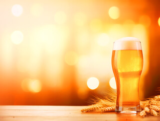 Beer glass and wheat on wooden table background with copy text space - ai generative
