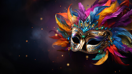 Vibrant Carnival Celebration Multicolored Mask Banner with Text Space. created with Generative AI