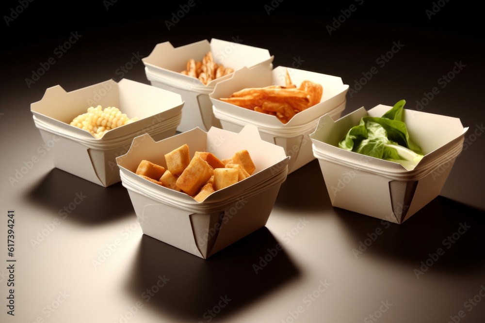 Poster a stack of paper wraps, paper bowls and a set of different food containers in environmentally friend