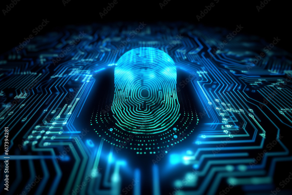 Poster electronic biometric technology fingerprint on the background of a computer showing in electronic ci