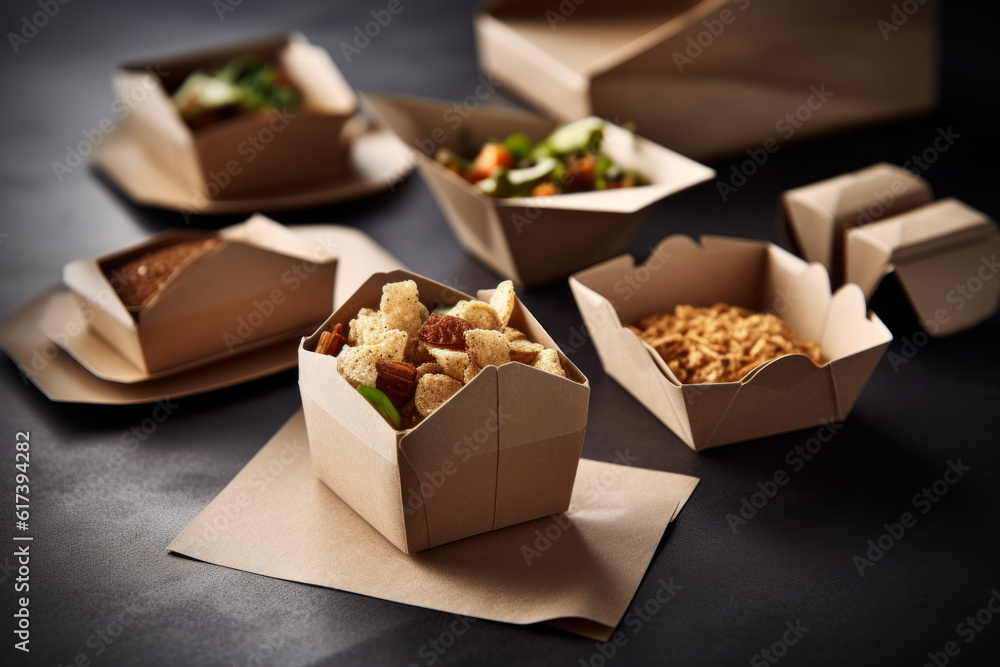 Poster a stack of paper wraps, paper bowls and a set of different food containers in environmentally friend