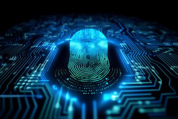 electronic biometric technology fingerprint on the background of a computer showing in electronic circuit layered with electrical circuitry, reevesreeves global intelligence group