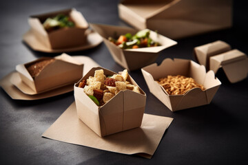 a stack of paper wraps, paper bowls and a set of different food containers in environmentally friendly way