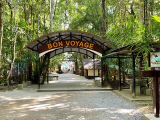 a photography of a sign that says bon voyage in a forest, arafed archway with a sign that says bon voyage - obrazy, fototapety, plakaty