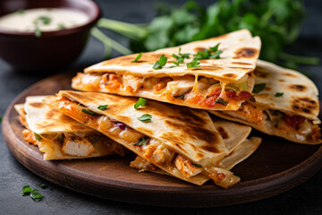 chicken quesadillas on wooden plate with herbs with lemon juice, a spicy quesadilla with vegetable - obrazy, fototapety, plakaty