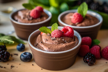 healthy chocolate mousse pudding with fresh raspberries and mint