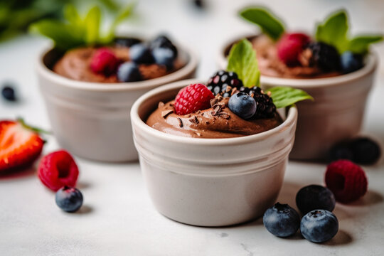 healthy chocolate mousse pudding with fresh raspberries and mint