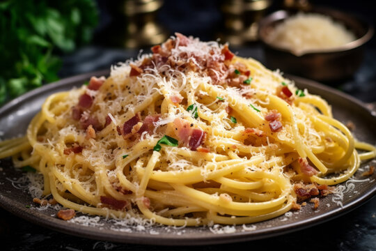 pasta on a plate is sliced with bacon, in the style of dark yellow and light silver, bowl with parsley and parmesan cheese