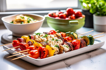 skewer platter with grilled vegetables kebabs, veggies and salad