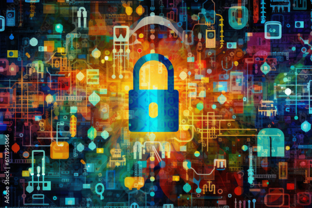 Poster cyber security or data protection what you need to know, large padlock in an electronic network and 