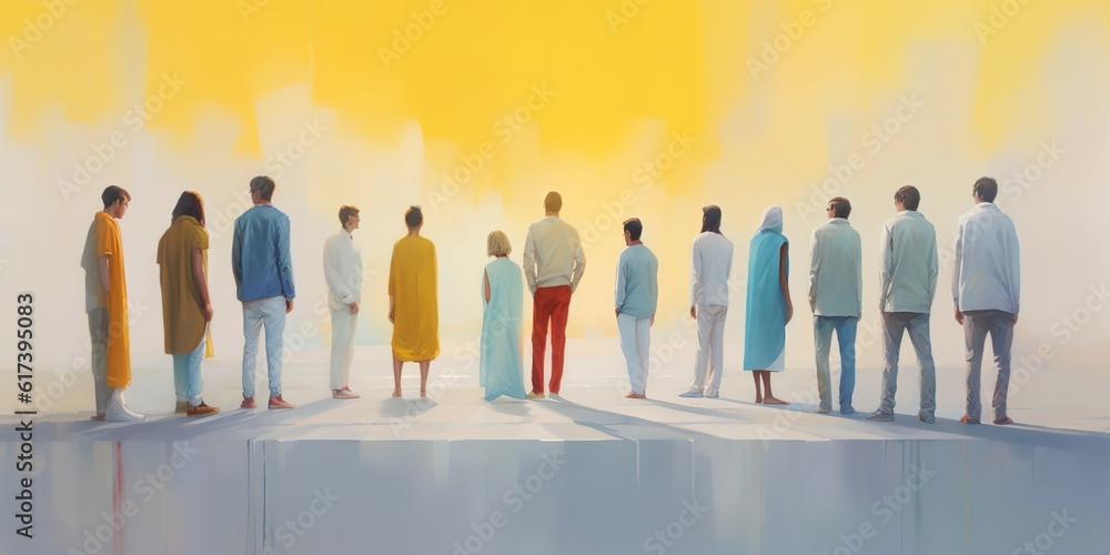 Poster a representation of a number of people standing in a row in a queue