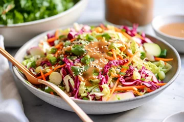 Foto op Canvas asian salad with lettuce, chicken, teriyaki sauce and green bean sesame seeds © vefimov