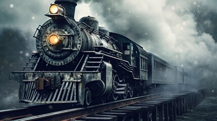 Plakat Classic steam locomotive train engine on track generative ai