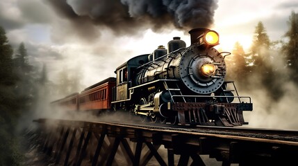 Fototapeta na wymiar Classic steam locomotive train engine on track generative ai