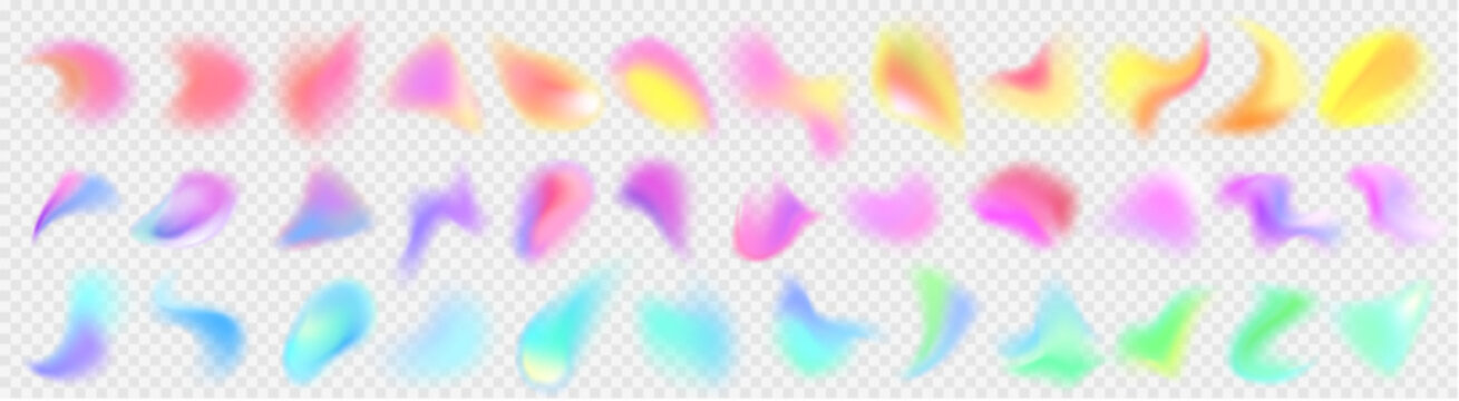 Holographic abstract blur spot. Vector 3d chameleon y2k aura shape gradient texture. Soft geometric blend graphic design isolated set. Pastel fluid paint colorful blurry dynamic brush stroke glow