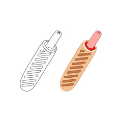 Color and black and white linear image of French hotdog. Fast food sketch food. Graphic menu symbol. Vector illustration in a doodle style.