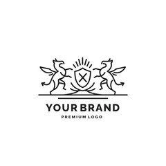 standing dragon peak shield line art vintage logo vector template