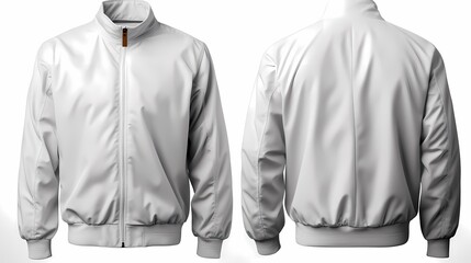 Blank jacket bomber white color in front and back view isolated on white background, ready for mockup template - obrazy, fototapety, plakaty