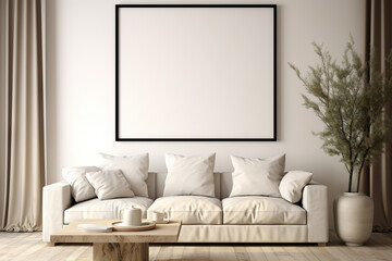 Modern Living Mockup Poster Frame in Scandinavian Style Living Room Interior. created with Generative AI