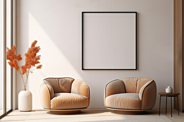 Modern Interior Elegance Mock-up Poster Frame in Scandinavian-Inspired Living Room. created with Generative AI