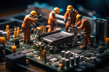 Fototapeta na wymiar Technician Team Figurines Conducting Computer Motherboard Maintenance, Embracing the Potential of Generative AI Technology. created with Generative AI