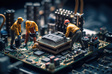 Technician Team Figurines Conducting Computer Motherboard Maintenance, Embracing the Potential of Generative AI Technology. created with Generative AI