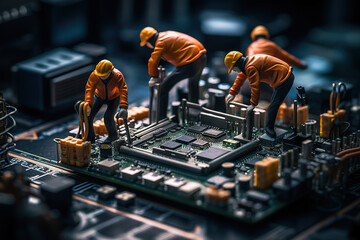 Technician Team Figurines Conducting Computer Motherboard Maintenance, Embracing the Potential of Generative AI Technology. created with Generative AI