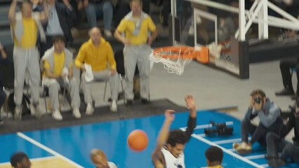 Basketball Tournament Final: Center Player Passing the Ball to a Skillful Teammate, Sportsmen Dribble Around Deffense and Black Player Slam Dunks the Ball. Sports Action Live TV Replay in Slow Motion - Powered by Adobe