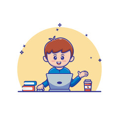 Freelancer male character in front of laptop equipped with pile of books and cup of coffee, happy expression. Vector illustration of work, study or business concept. Cute flat cartoon style.