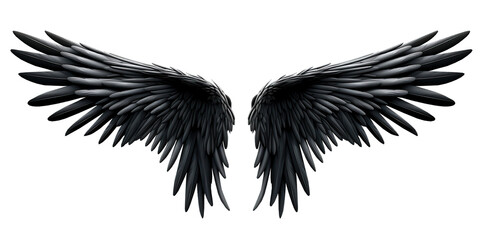 Beautiful realistic symmetrical angel wings. Black wings with detailed feathers. Generative AI png with transparent background, clipart.