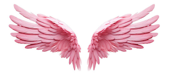 Beautiful realistic symmetrical angel wings. Pastel Pink wings with detailed feathers. Generative AI png with transparent background, clipart. - obrazy, fototapety, plakaty