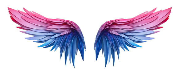 Beautiful realistic symmetrical angel wings. Pink blue wings with detailed feathers. Generative AI png with transparent background, clipart.