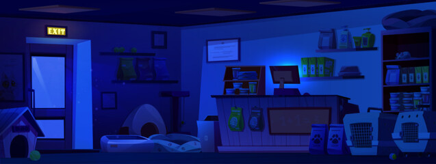 Animal pet toy store night interior cartoon background. Supermarket indoor with cat or dog care accessory to buy. Domestic canine cage, feed bag, bowl and sleep pillow element in market illustration