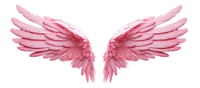Beautiful realistic symmetrical angel wings. Pastel Pink wings with detailed feathers. Generative AI png with transparent background, clipart.