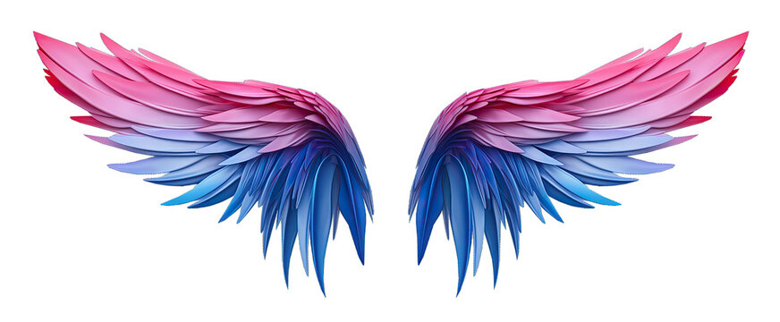 Beautiful realistic symmetrical angel wings. Pink blue wings with detailed feathers. Generative AI png with transparent background, clipart.