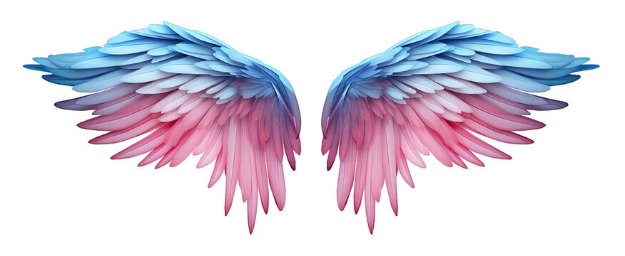 Beautiful realistic symmetrical angel wings. Pink blue, pastel gradient wings with detailed feathers. Generative AI png with transparent background, clipart.