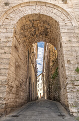 Fototapeta na wymiar Perugia small and narrow streets in the capitol of Umbria, Italy