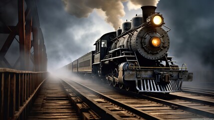 Naklejka premium Classic steam locomotive train engine on track generative ai