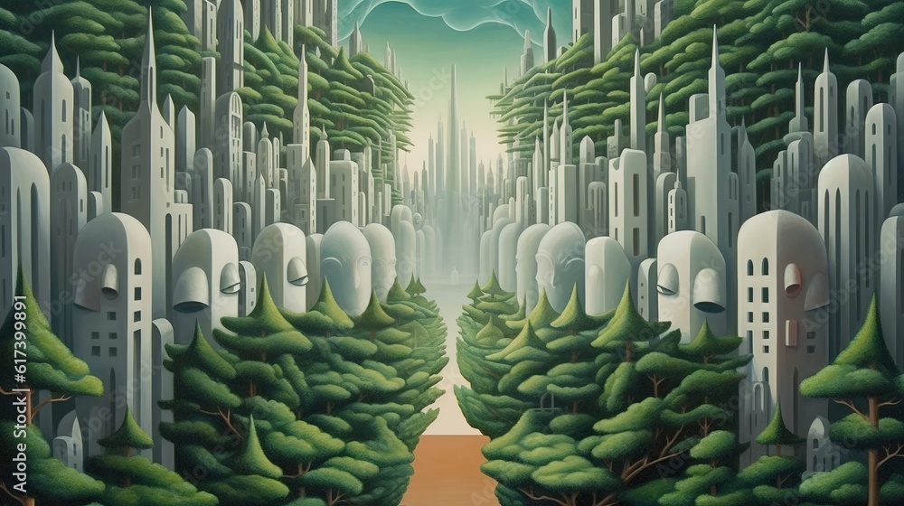 Poster a picture depicting a metropolis that has both trees and buildings in it