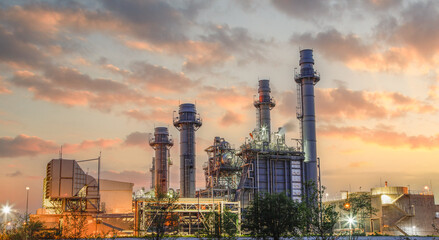 Natural Gas Combined Cycle Power Plant ,Gas turbine electrical power plant with in Twilight power for factory energy concept. - obrazy, fototapety, plakaty