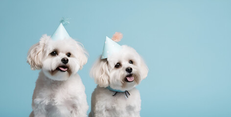 Two cute white Maltese puppies in birthday cap celebrating a birthday, sitting on a blue studio background with copy space. happy birthday card with pets. Generative AI